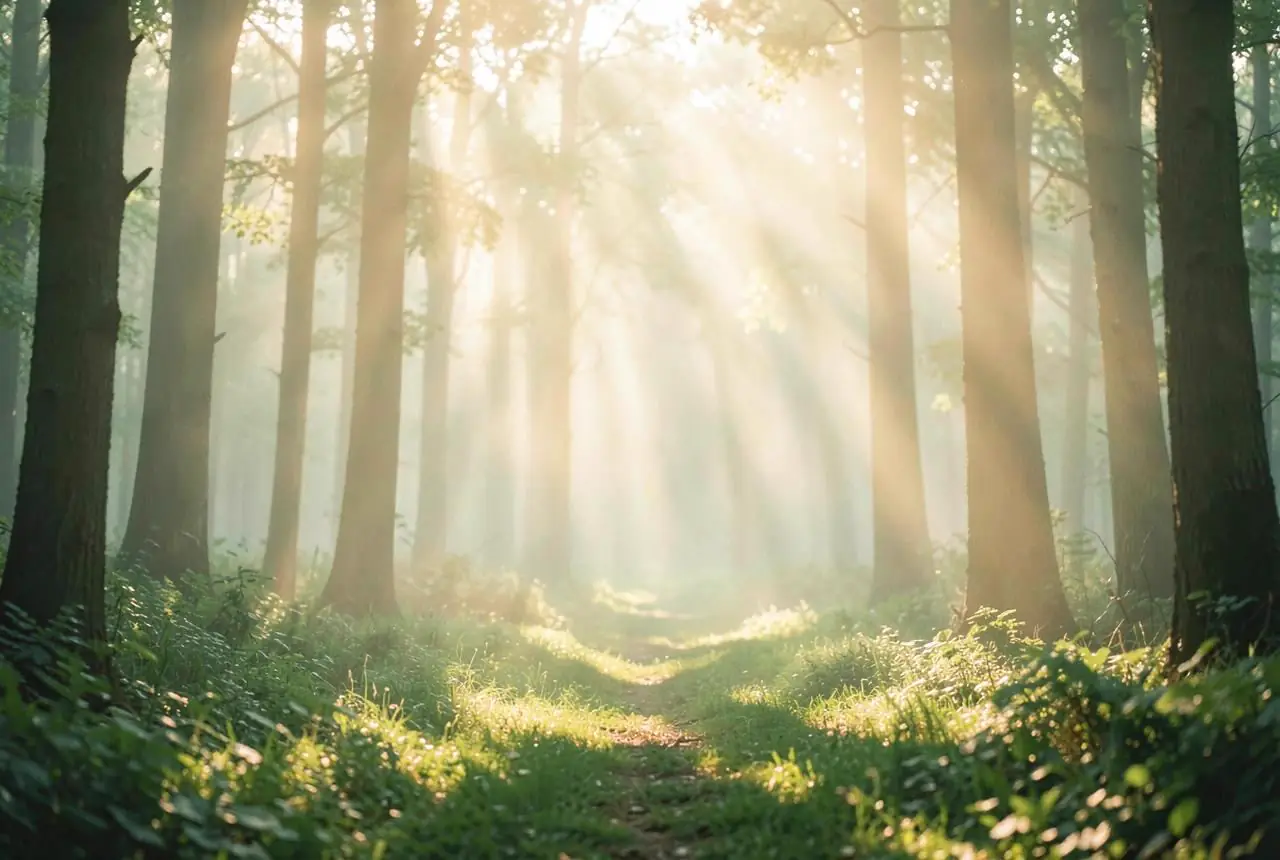 Sonnenlicht fällt durch Nebel in eine ruhige Waldlichtung