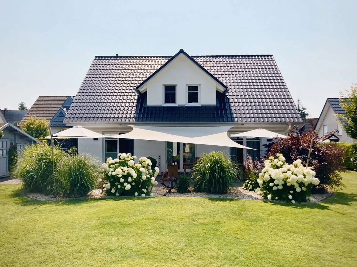 Weißes Haus mit Sonnensegeln, Rasen und blühenden Hortensien im Garten