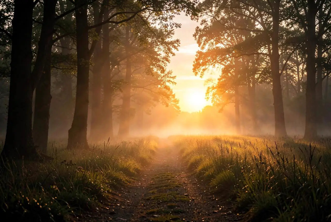 Weg, der aus dem dunklen Wald hinaus in warmes Sonnenaufgangslicht führt